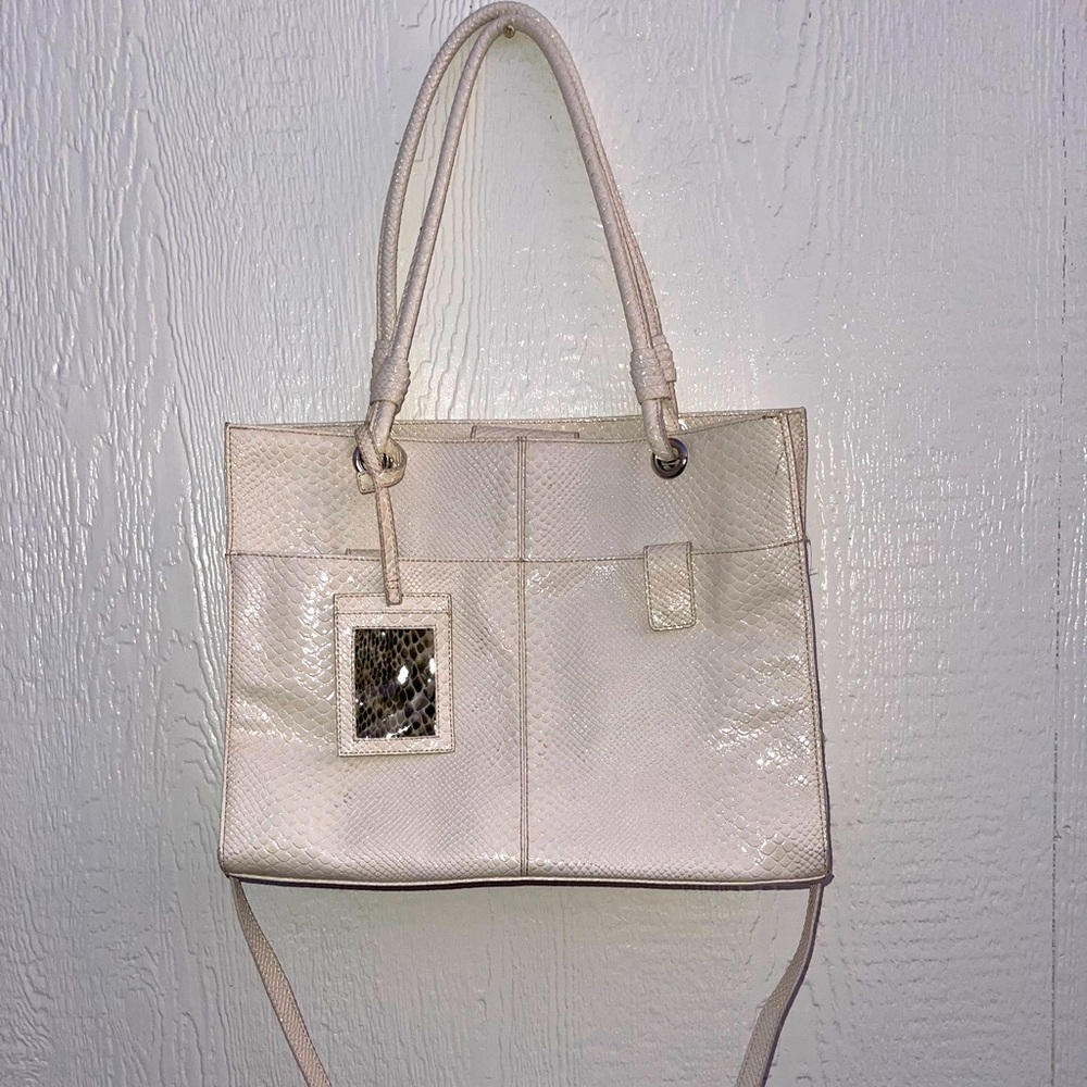 Wilson Leather Snake Skin Patent Leather cream Tote Bag